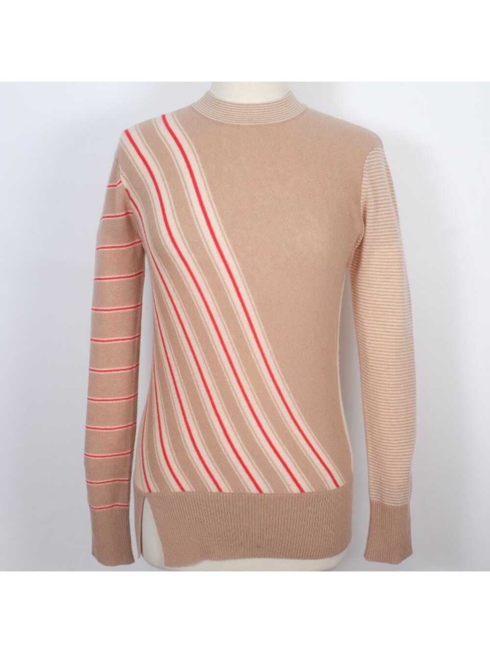 New Brunello Cucinelli sz L Sweater 100% Cashmere taupe red stripe